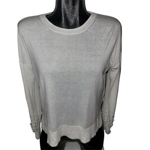 Zara Knit White Pearl-Embellished Long Sleeve Light Sweater Small